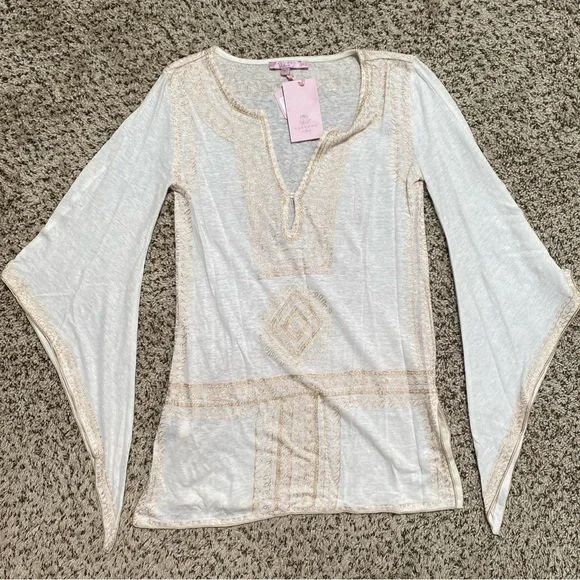 Calypso St. Barth Etasa Tunic Linen White Ivory Flared Sleeve Embroidered Blouse - Picture 5 of 9